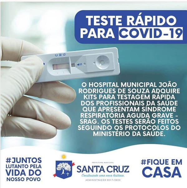 Prefeitura de Santa Cruz compra testes rápidos Covid 19
