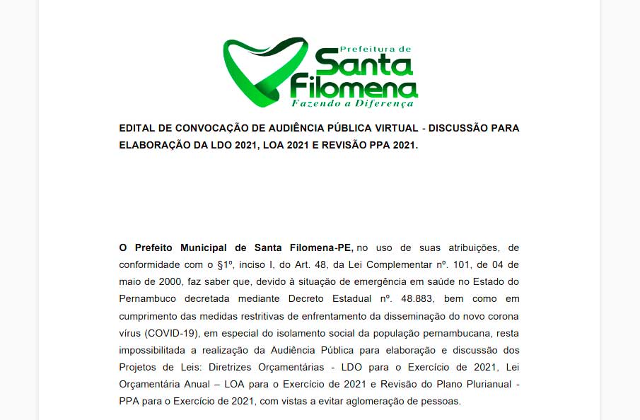 Prefeitura de Santa Filomena disponibiliza sugestões à LDO 2021 pela internet; link