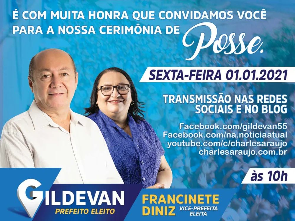 Gildevan Melo e Francinete Diniz convidam para a Cerimônia de Posse, sexta (1)