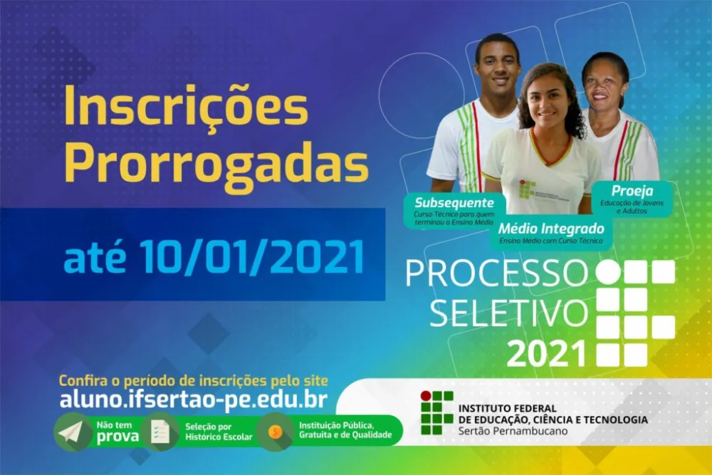 Inscrições para o Processo Seletivo 2021 para cursos técnicos do IF Sertão-PE terminam no domingo (10)