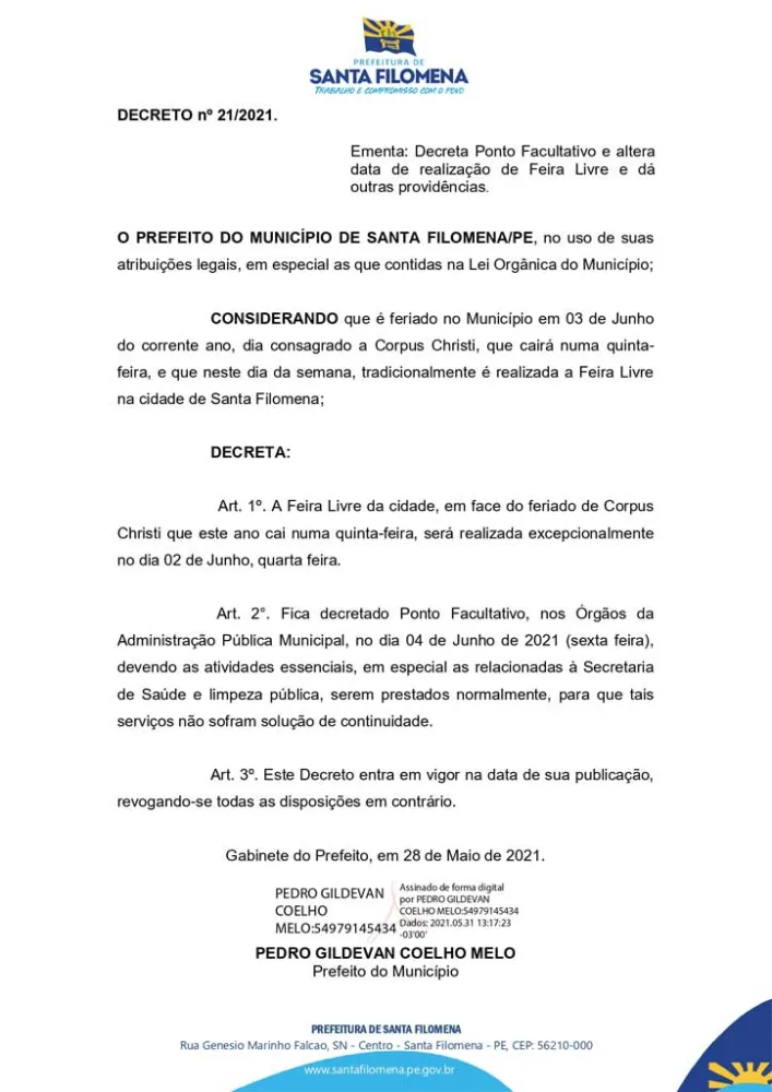 Prefeitura de Santa Filomena antecipa feira livre para quarta-feira devido ao feriado de Corpus Christi 2 DECRETO 21 1 page 0001