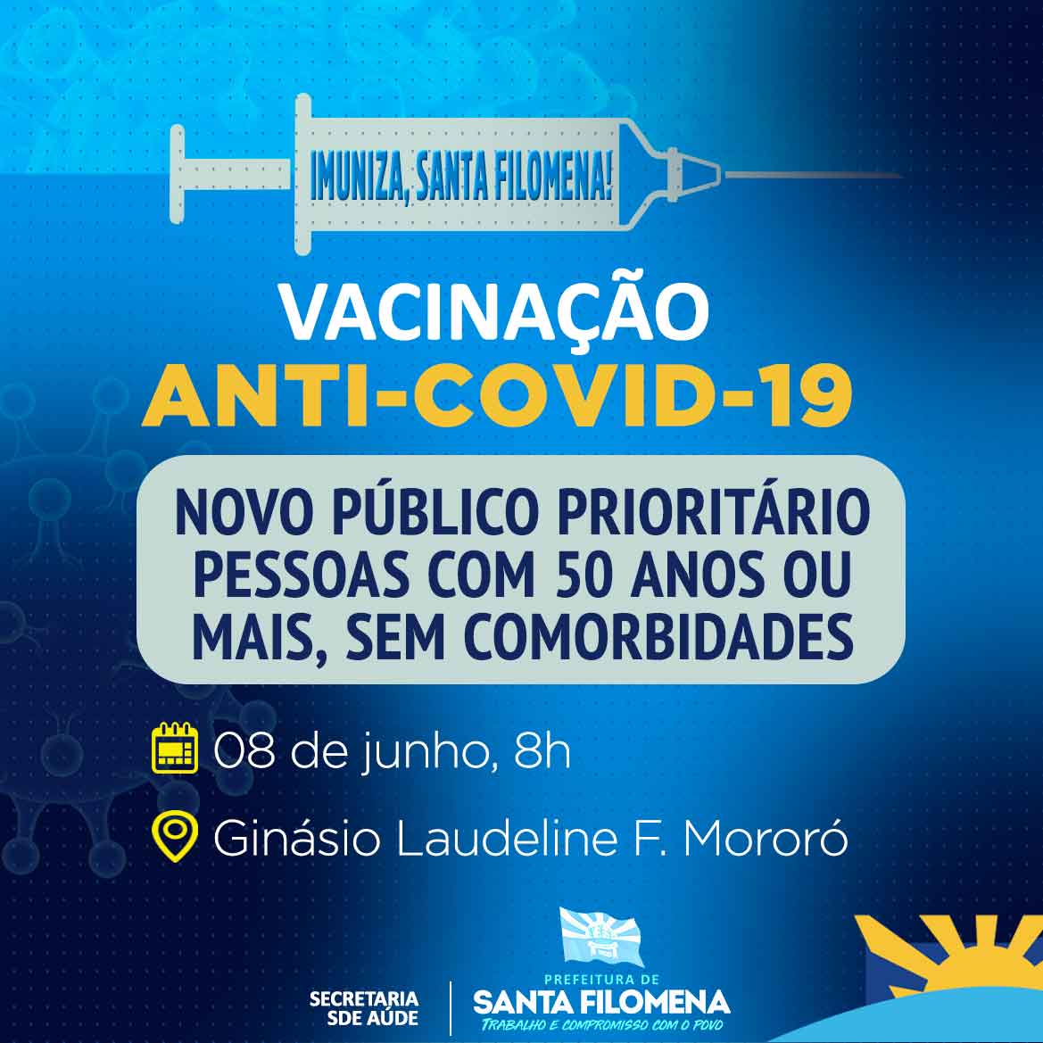 Prefeitura de Santa Filomena anuncia imunização para pessoas com 50 anos ou mais