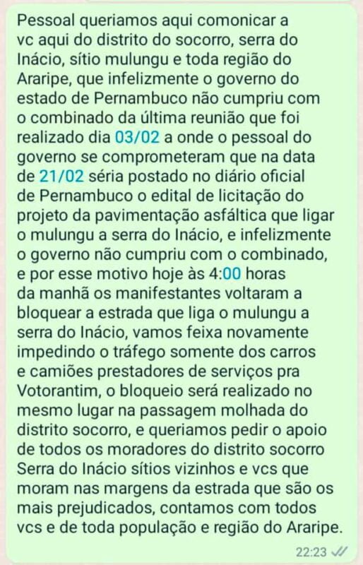 Governo de Pernambuco não cumpre promessa e moradores voltam a bloquear veículos da Votorantim em Santa Filomena 2 nota