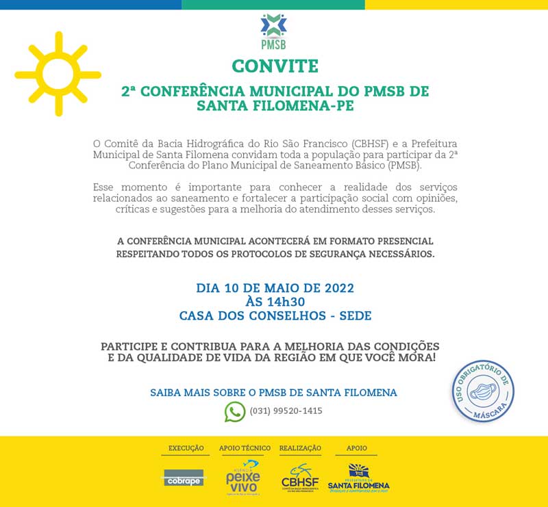 Convite – 2ª Conferência Presencial do PMSB de Santa Filomena; 10 de maio 2 Convite – 2ª Conferência Municipal Presencial do PMSB de Santa Filomena; 10 de maio