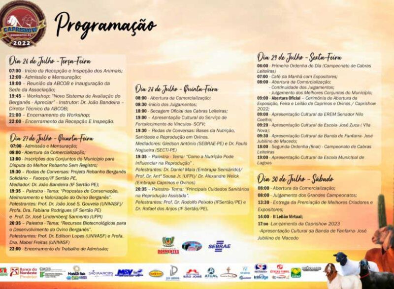 Caprishow 2022: Prefeitura de Dormentes divulga programação da exposição, feira e leilão virtual de caprinos e ovinos 3 PROGRAMACAO 1