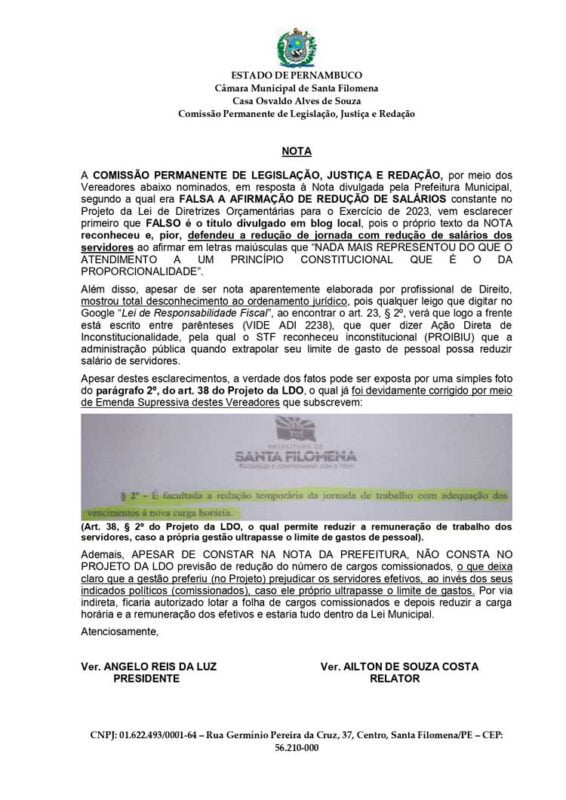 Direito de resposta: Câmara de Vereadores responde Prefeitura sobre 'falsa afirmação de redução de salários dos servidores' 5 NOTA page 0001 1 1