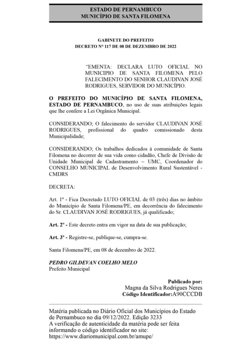 Santa Filomena (PE): Prefeito decreta luto oficial pela morte de servidor público 2 Municipio de Santa Filomena scaled