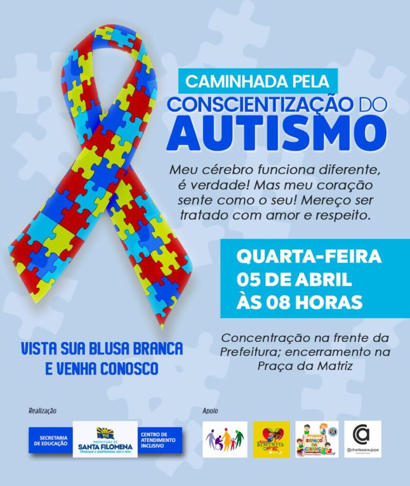 Santa Filomena realizará a 1ª Caminhada pela Conscientização do Autismo, quarta 5/4