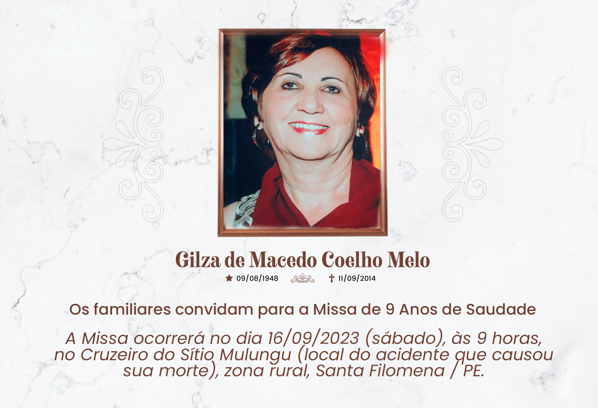 Missa em memória marcará 9 anos de saudade de Dona Gilza Melo; 16 set