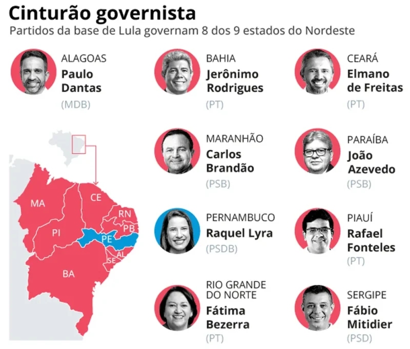 Raquel Lyra pode se filiar ao PSD e Nordeste virar todo lulista 2 Cinturão governista no Nordeste — Foto: Editoria de Arte