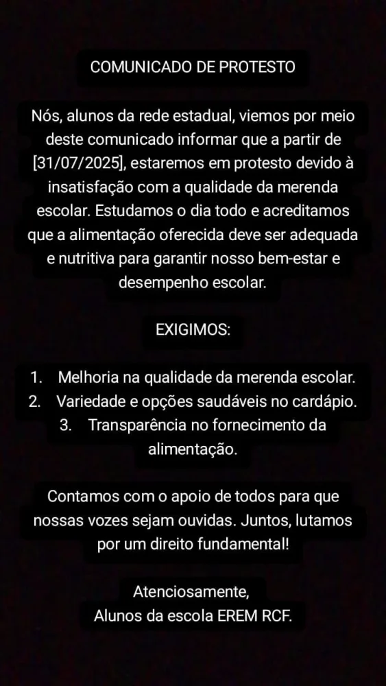 Estudantes da EREM Raimundo de Castro Ferreira anunciam protesto por merenda escolar de qualidade 2 untitled 4 scaled